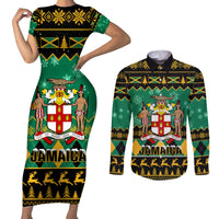 Personalised Jamaica Christmas Couples Matching Short Sleeve Bodycon Dress and Long Sleeve Button Shirt Jamaican Coat Of Arms Xmas Vibes - Wonder Print Shop