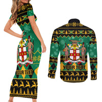 Personalised Jamaica Christmas Couples Matching Short Sleeve Bodycon Dress and Long Sleeve Button Shirt Jamaican Coat Of Arms Xmas Vibes - Wonder Print Shop