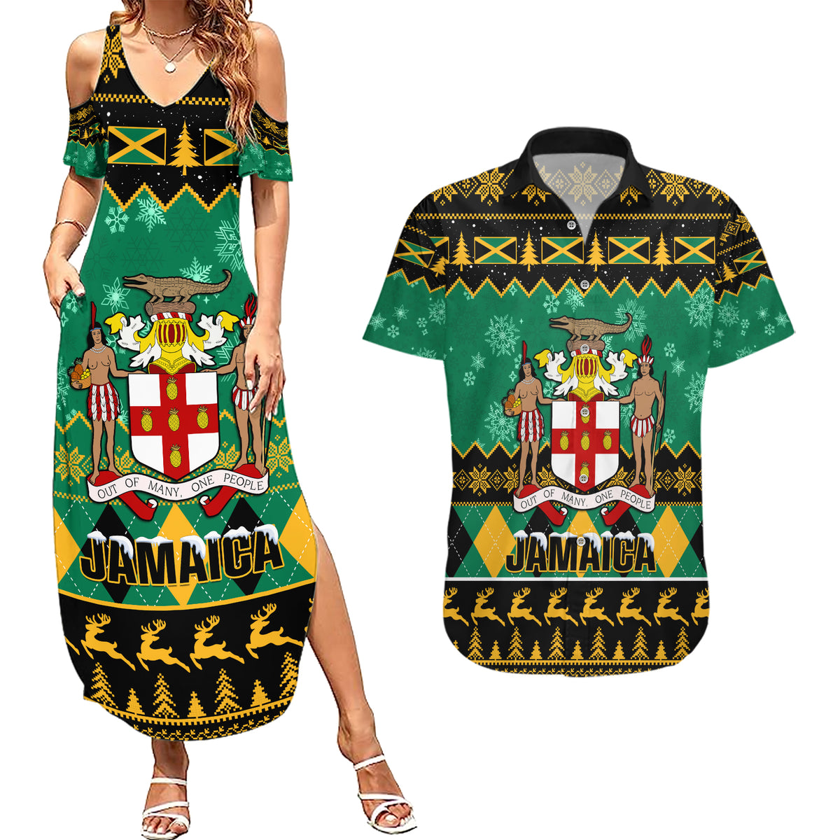 Personalised Jamaica Christmas Couples Matching Summer Maxi Dress and Hawaiian Shirt Jamaican Coat Of Arms Xmas Vibes - Wonder Print Shop