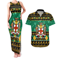 Personalised Jamaica Christmas Couples Matching Tank Maxi Dress and Hawaiian Shirt Jamaican Coat Of Arms Xmas Vibes - Wonder Print Shop