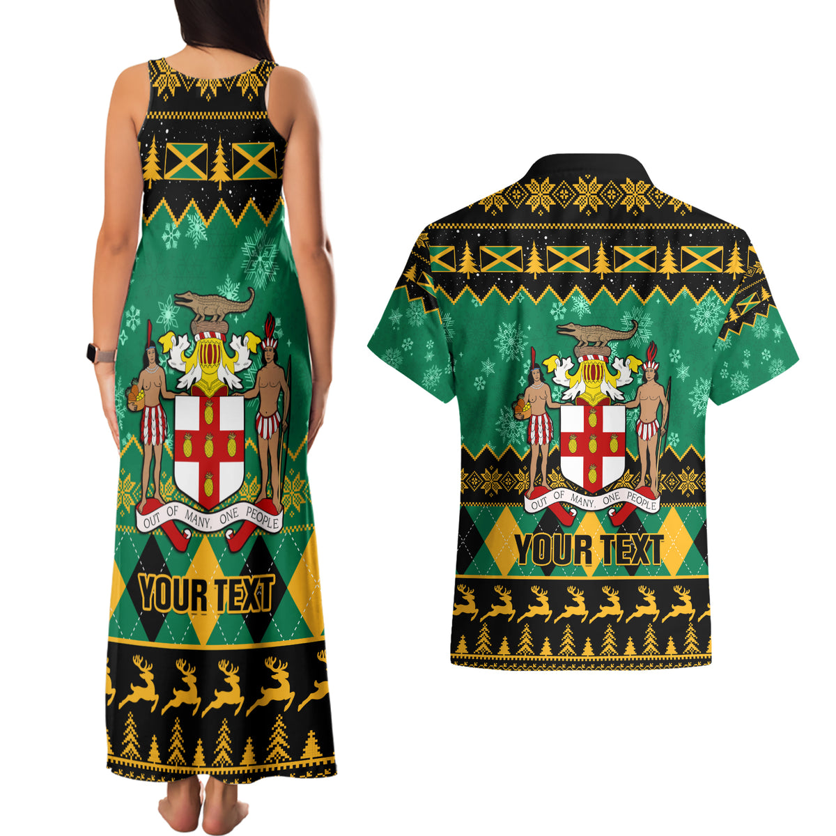 Personalised Jamaica Christmas Couples Matching Tank Maxi Dress and Hawaiian Shirt Jamaican Coat Of Arms Xmas Vibes - Wonder Print Shop