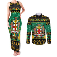 Personalised Jamaica Christmas Couples Matching Tank Maxi Dress and Long Sleeve Button Shirt Jamaican Coat Of Arms Xmas Vibes - Wonder Print Shop