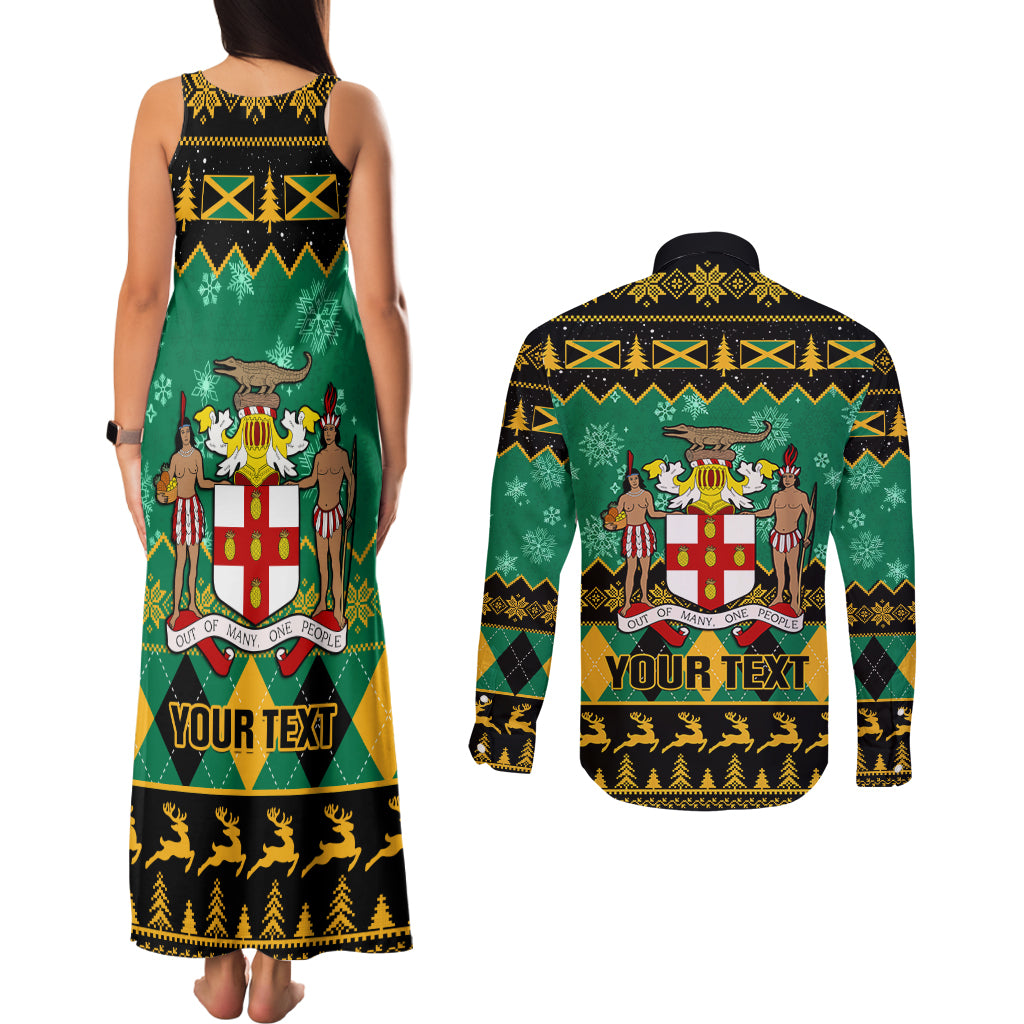 Personalised Jamaica Christmas Couples Matching Tank Maxi Dress and Long Sleeve Button Shirt Jamaican Coat Of Arms Xmas Vibes - Wonder Print Shop