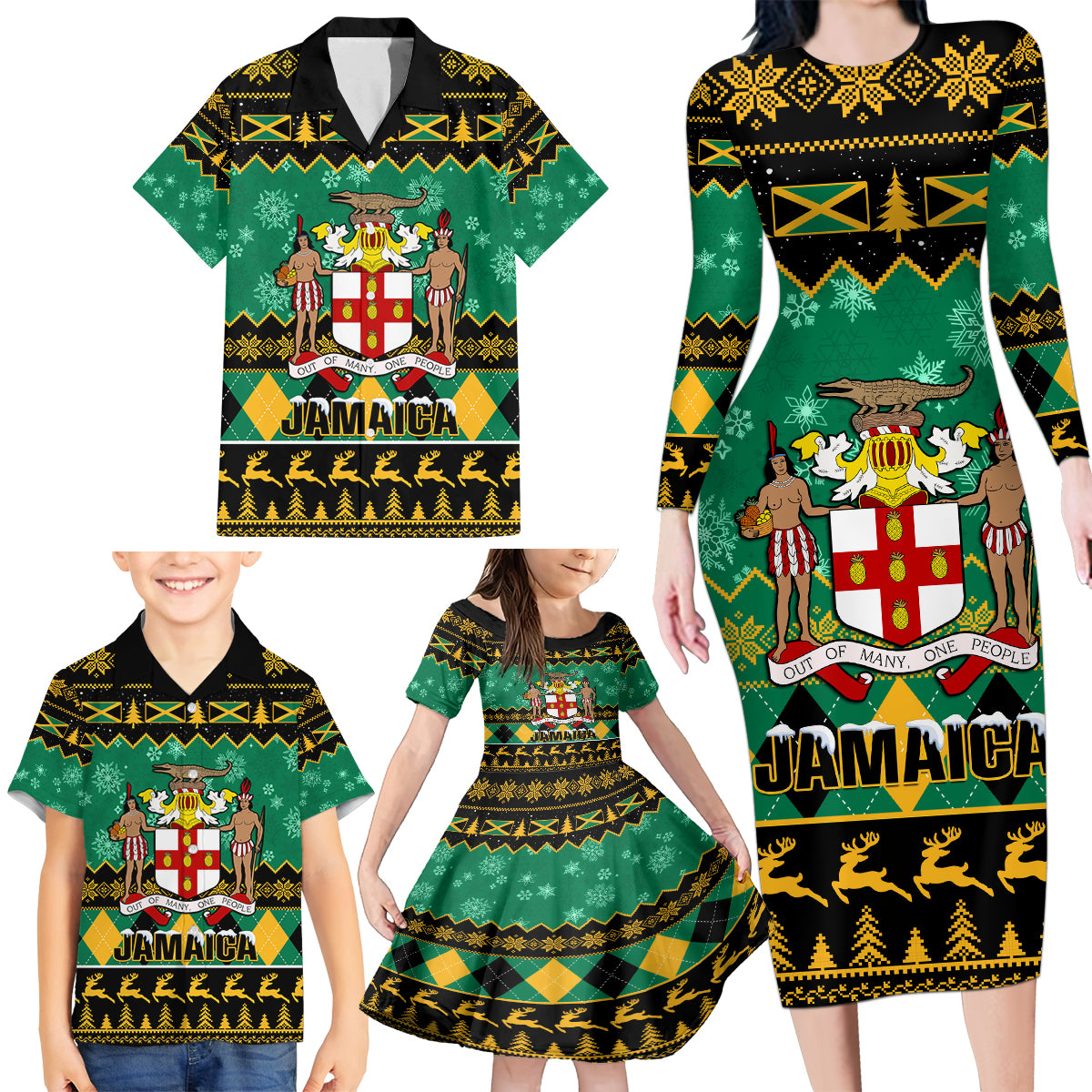 Personalised Jamaica Christmas Family Matching Long Sleeve Bodycon Dress and Hawaiian Shirt Jamaican Coat Of Arms Xmas Vibes - Wonder Print Shop