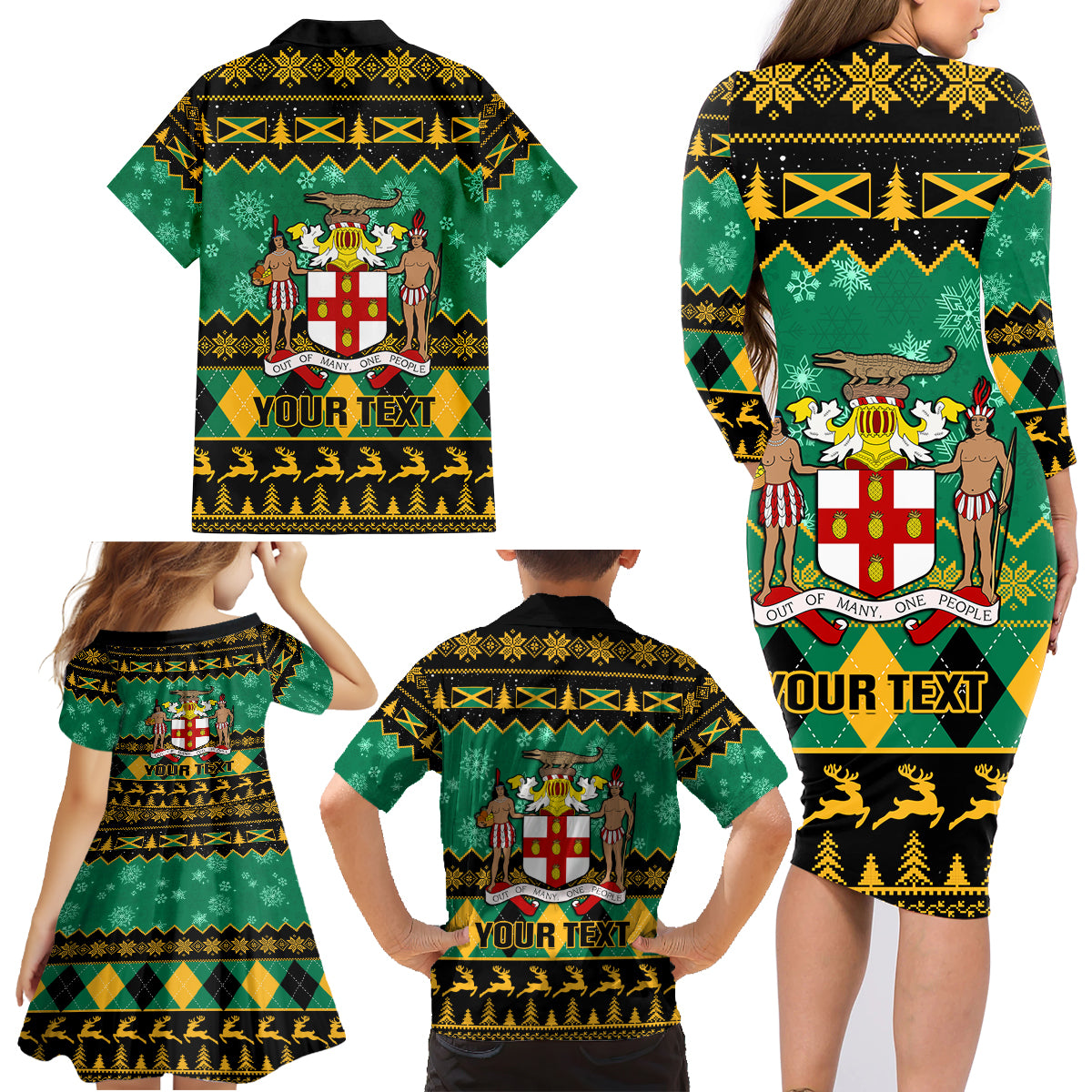 Personalised Jamaica Christmas Family Matching Long Sleeve Bodycon Dress and Hawaiian Shirt Jamaican Coat Of Arms Xmas Vibes - Wonder Print Shop
