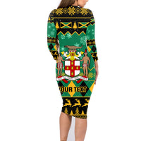 Personalised Jamaica Christmas Family Matching Long Sleeve Bodycon Dress and Hawaiian Shirt Jamaican Coat Of Arms Xmas Vibes - Wonder Print Shop