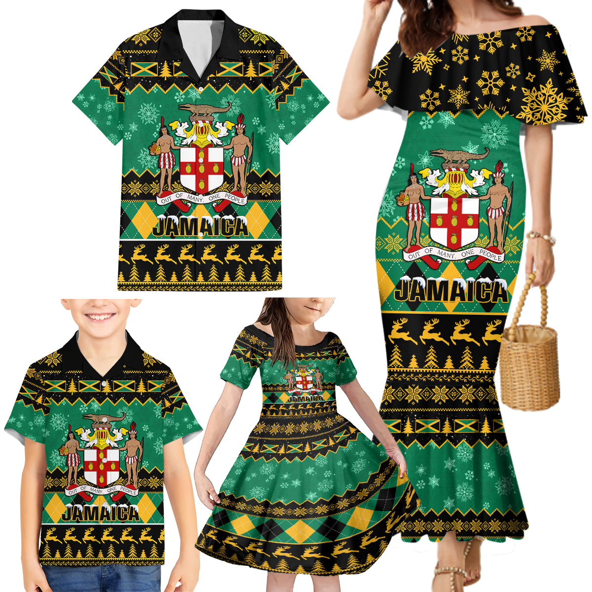 Personalised Jamaica Christmas Family Matching Mermaid Dress and Hawaiian Shirt Jamaican Coat Of Arms Xmas Vibes - Wonder Print Shop
