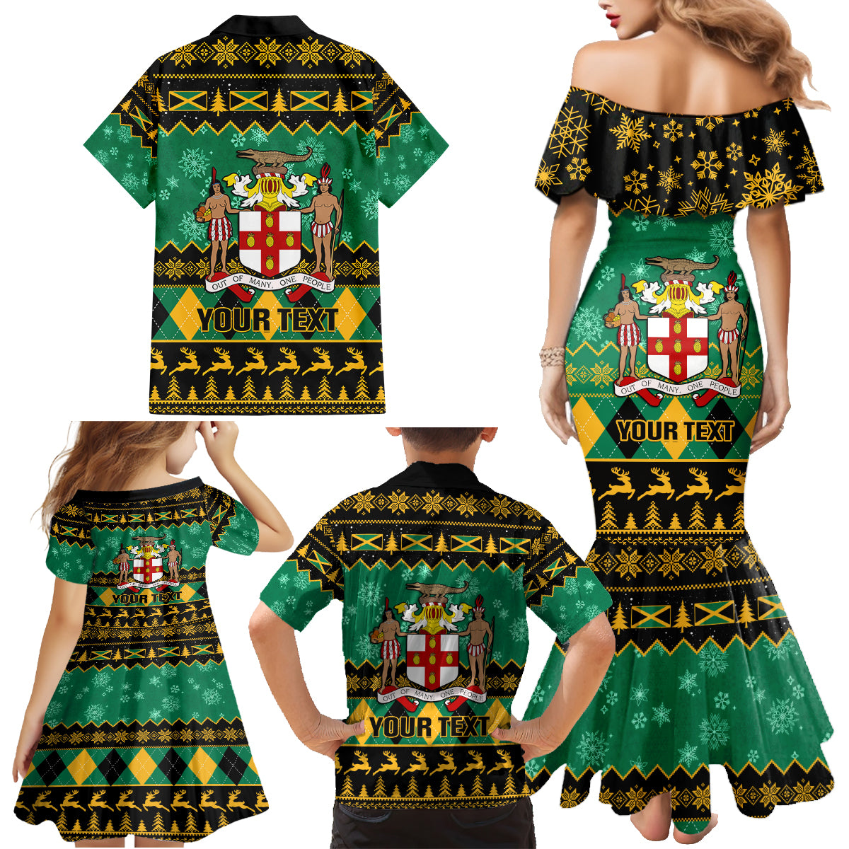 Personalised Jamaica Christmas Family Matching Mermaid Dress and Hawaiian Shirt Jamaican Coat Of Arms Xmas Vibes - Wonder Print Shop