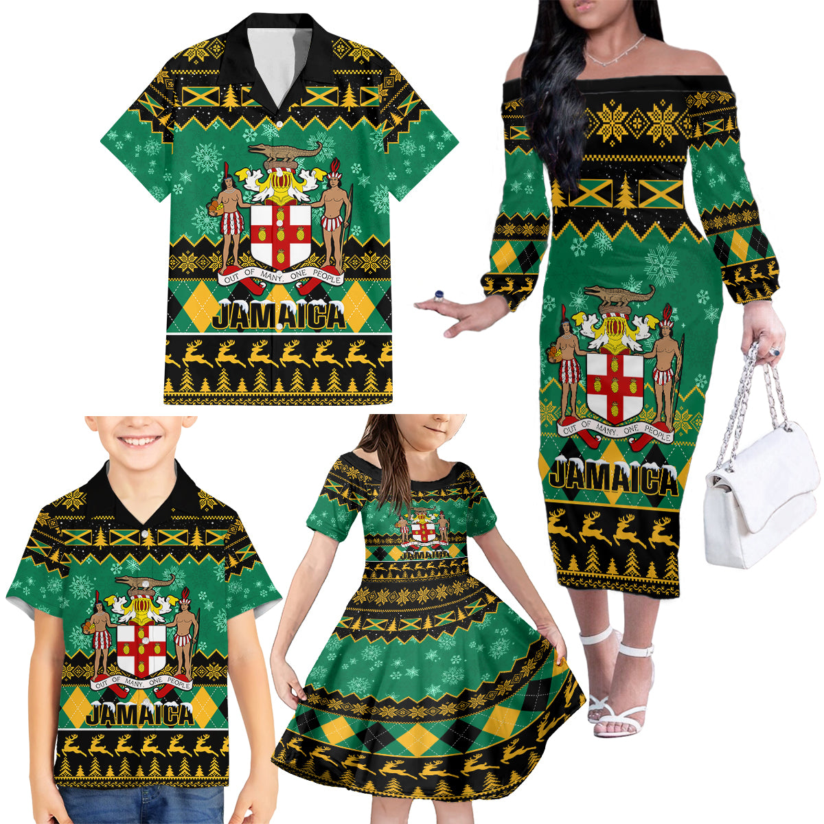 Personalised Jamaica Christmas Family Matching Off Shoulder Long Sleeve Dress and Hawaiian Shirt Jamaican Coat Of Arms Xmas Vibes - Wonder Print Shop