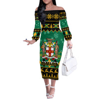 Personalised Jamaica Christmas Family Matching Off Shoulder Long Sleeve Dress and Hawaiian Shirt Jamaican Coat Of Arms Xmas Vibes - Wonder Print Shop