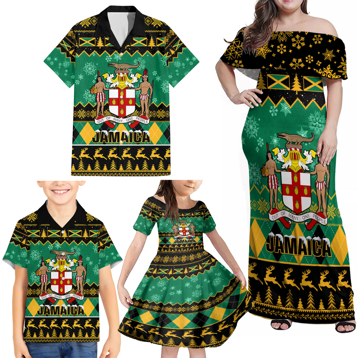 Personalised Jamaica Christmas Family Matching Off Shoulder Maxi Dress and Hawaiian Shirt Jamaican Coat Of Arms Xmas Vibes - Wonder Print Shop