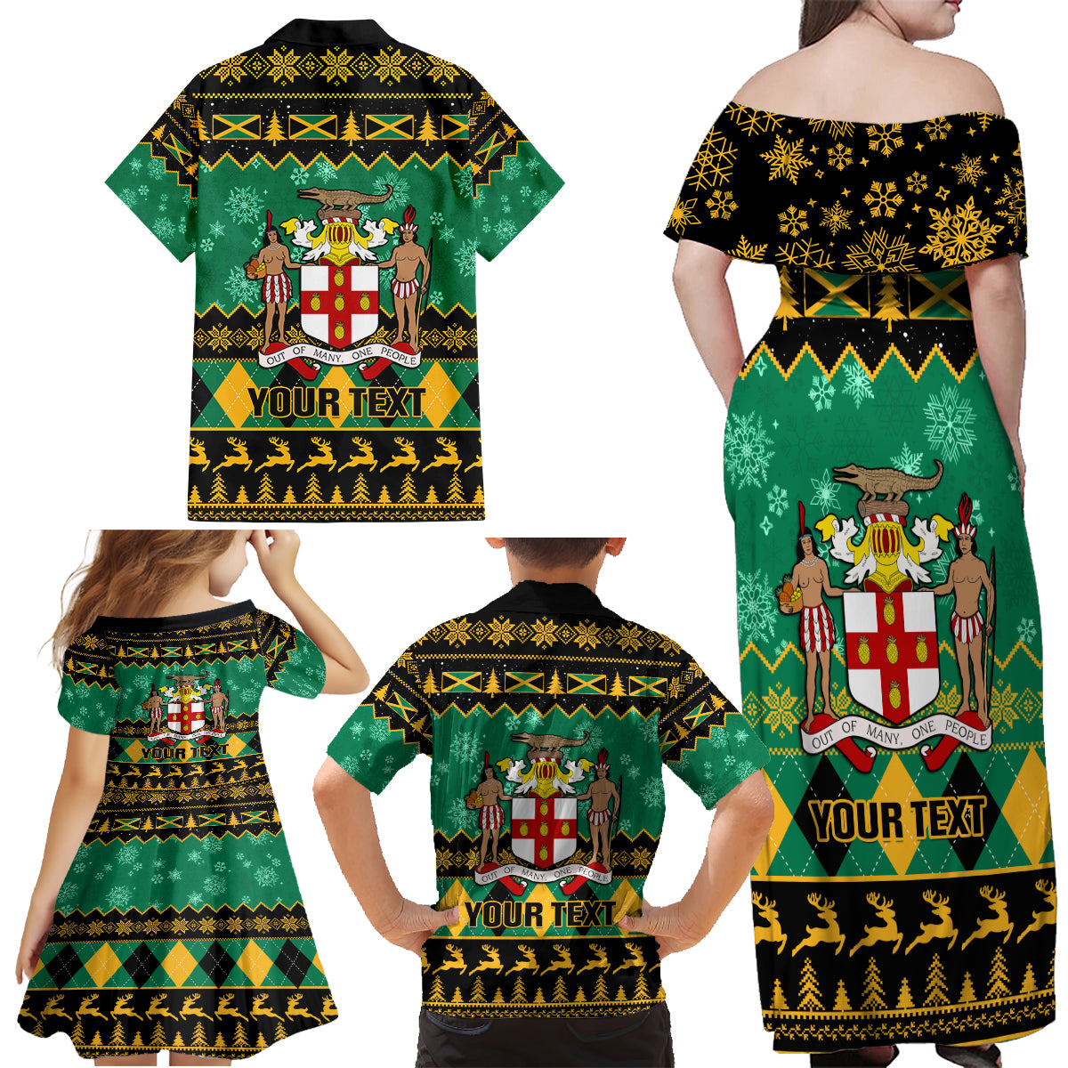 Personalised Jamaica Christmas Family Matching Off Shoulder Maxi Dress and Hawaiian Shirt Jamaican Coat Of Arms Xmas Vibes - Wonder Print Shop