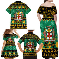Personalised Jamaica Christmas Family Matching Off Shoulder Maxi Dress and Hawaiian Shirt Jamaican Coat Of Arms Xmas Vibes - Wonder Print Shop