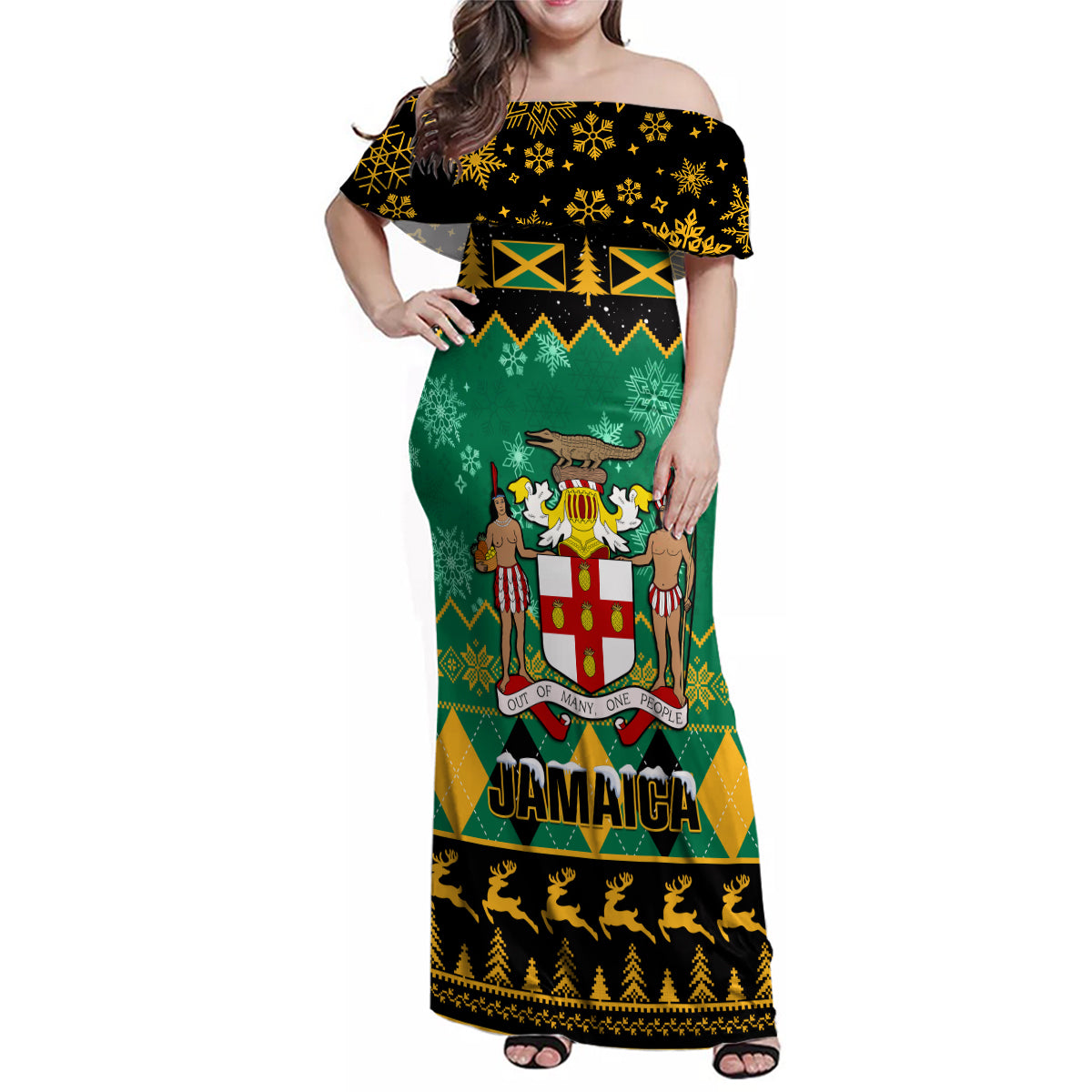 Personalised Jamaica Christmas Family Matching Off Shoulder Maxi Dress and Hawaiian Shirt Jamaican Coat Of Arms Xmas Vibes - Wonder Print Shop