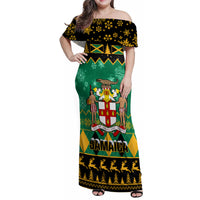 Personalised Jamaica Christmas Family Matching Off Shoulder Maxi Dress and Hawaiian Shirt Jamaican Coat Of Arms Xmas Vibes - Wonder Print Shop