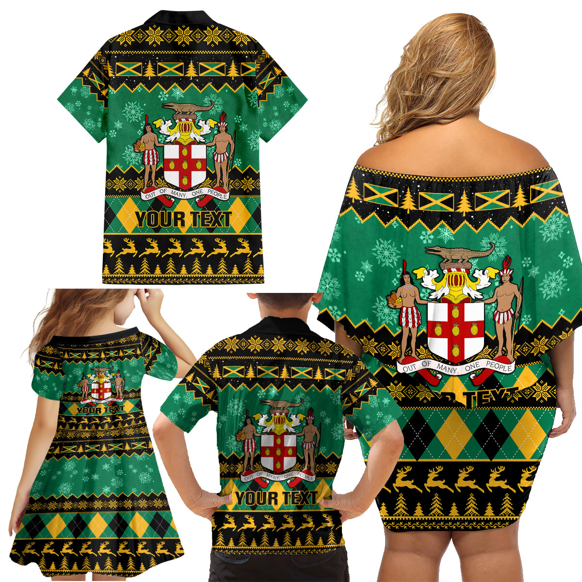 Personalised Jamaica Christmas Family Matching Off Shoulder Short Dress and Hawaiian Shirt Jamaican Coat Of Arms Xmas Vibes - Wonder Print Shop