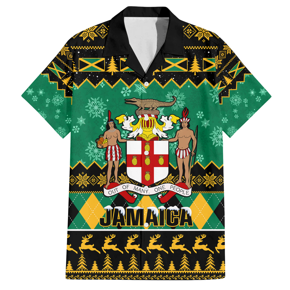 Personalised Jamaica Christmas Family Matching Off Shoulder Short Dress and Hawaiian Shirt Jamaican Coat Of Arms Xmas Vibes - Wonder Print Shop