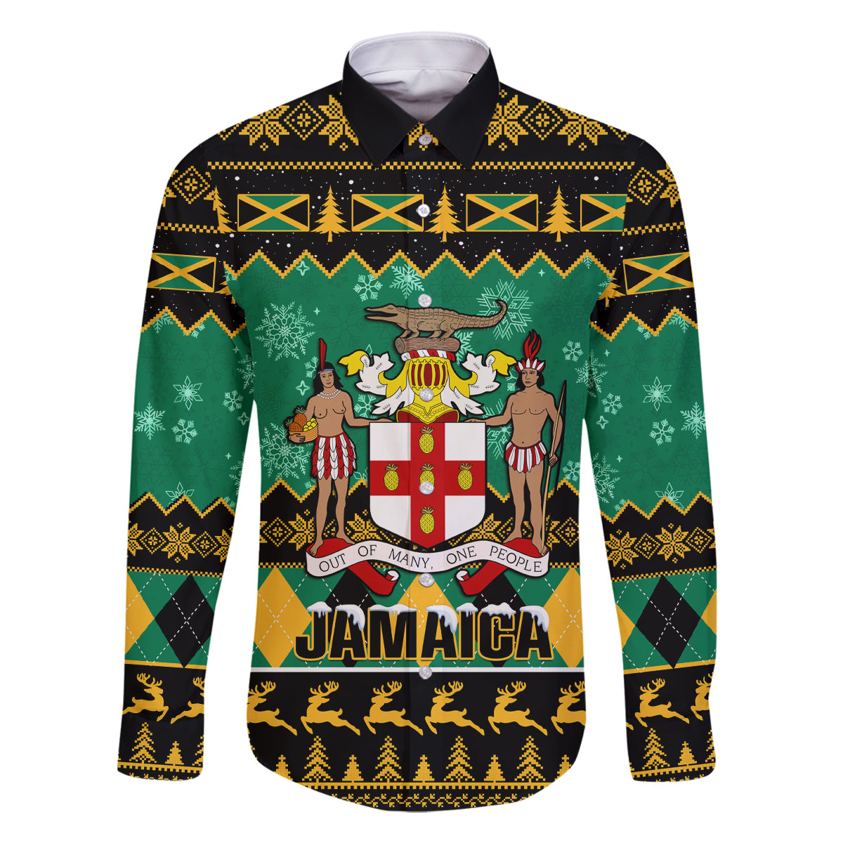 Personalised Jamaica Christmas Family Matching Off Shoulder Short Dress and Hawaiian Shirt Jamaican Coat Of Arms Xmas Vibes - Wonder Print Shop