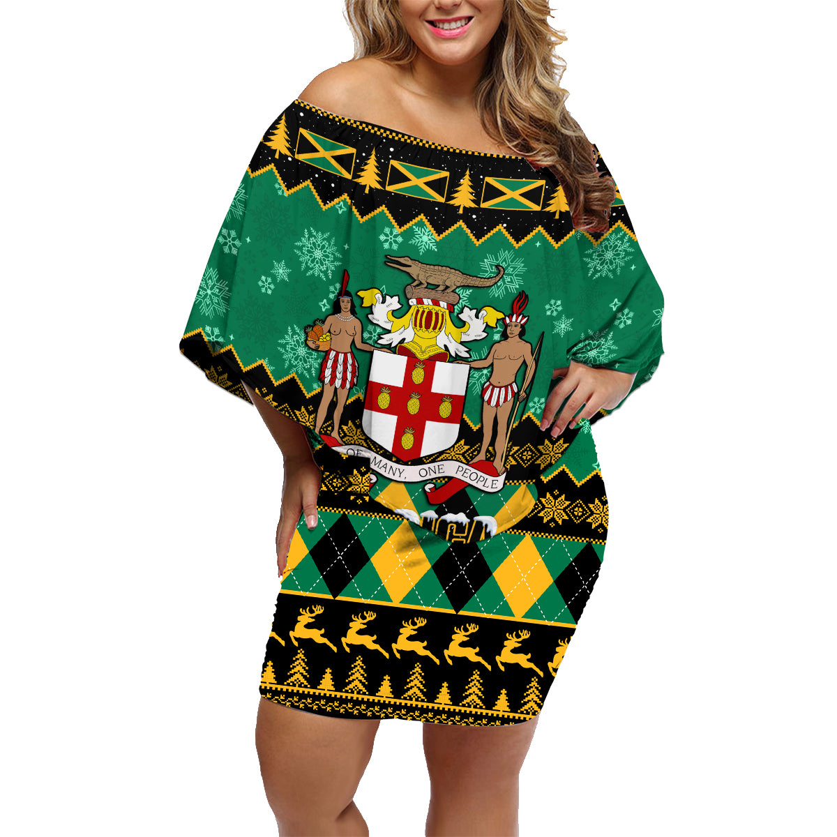 Personalised Jamaica Christmas Family Matching Off Shoulder Short Dress and Hawaiian Shirt Jamaican Coat Of Arms Xmas Vibes - Wonder Print Shop