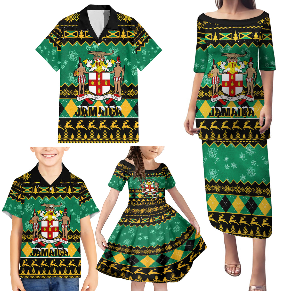 Personalised Jamaica Christmas Family Matching Puletasi Dress and Hawaiian Shirt Jamaican Coat Of Arms Xmas Vibes - Wonder Print Shop