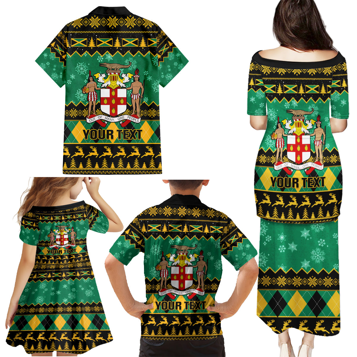 Personalised Jamaica Christmas Family Matching Puletasi Dress and Hawaiian Shirt Jamaican Coat Of Arms Xmas Vibes - Wonder Print Shop