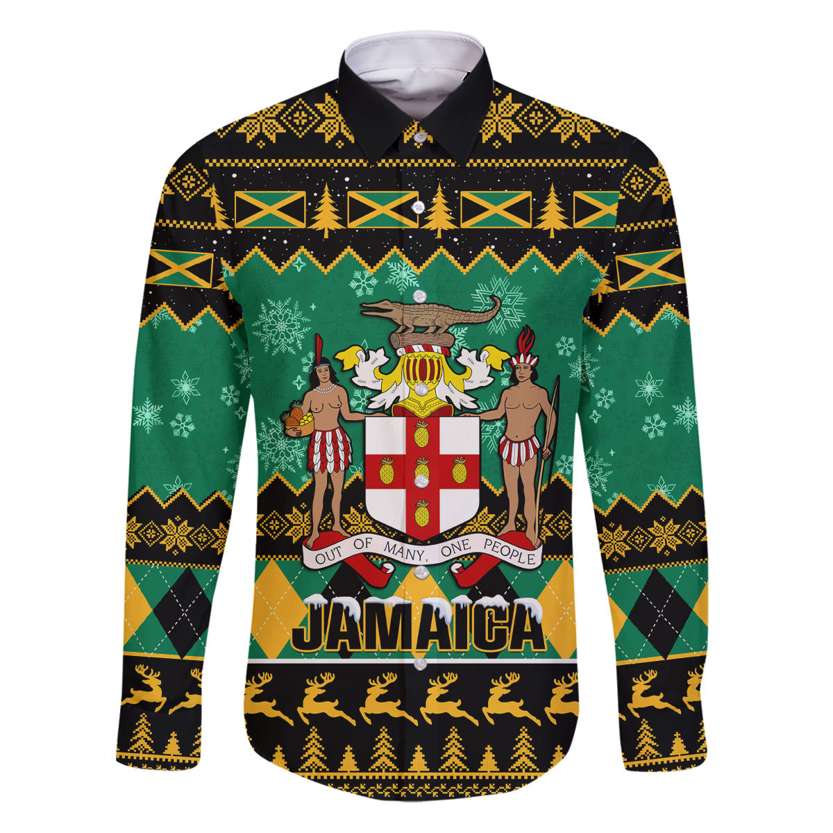 Personalised Jamaica Christmas Family Matching Puletasi Dress and Hawaiian Shirt Jamaican Coat Of Arms Xmas Vibes - Wonder Print Shop