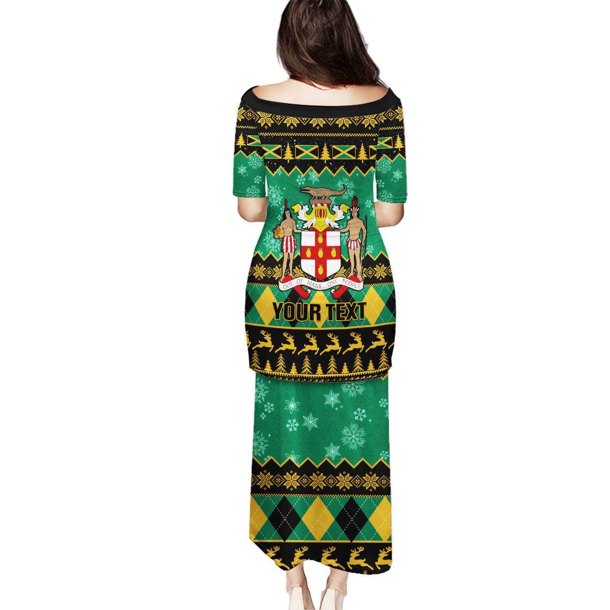 Personalised Jamaica Christmas Family Matching Puletasi Dress and Hawaiian Shirt Jamaican Coat Of Arms Xmas Vibes - Wonder Print Shop