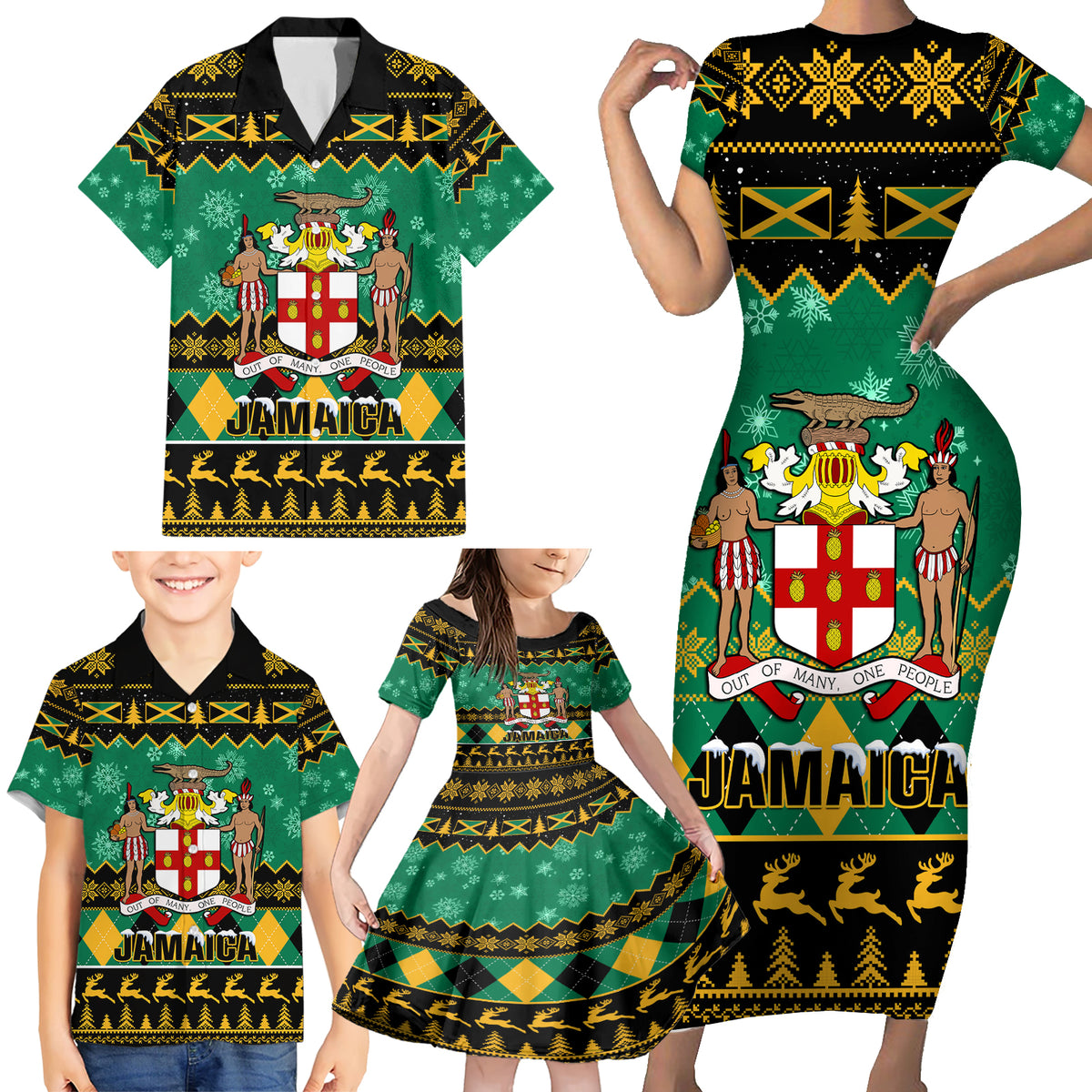 Personalised Jamaica Christmas Family Matching Short Sleeve Bodycon Dress and Hawaiian Shirt Jamaican Coat Of Arms Xmas Vibes - Wonder Print Shop
