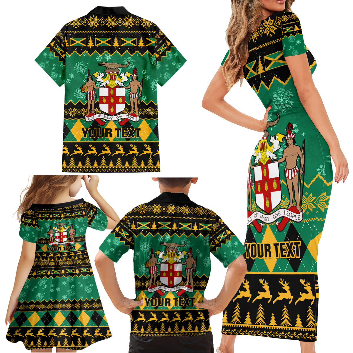 Personalised Jamaica Christmas Family Matching Short Sleeve Bodycon Dress and Hawaiian Shirt Jamaican Coat Of Arms Xmas Vibes - Wonder Print Shop