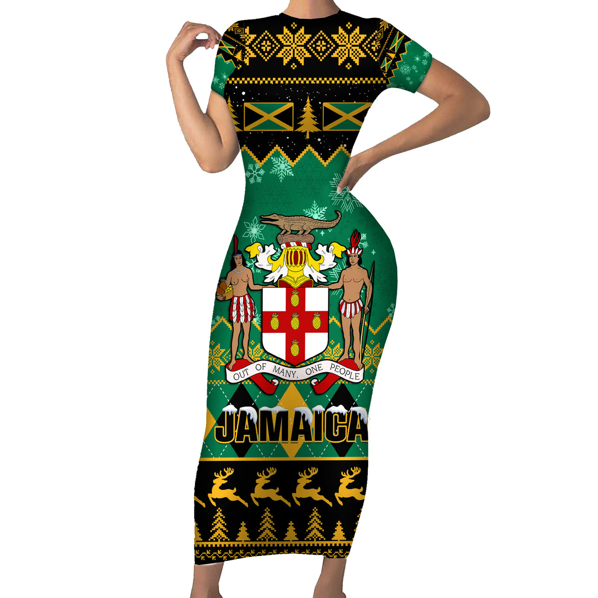 Personalised Jamaica Christmas Family Matching Short Sleeve Bodycon Dress and Hawaiian Shirt Jamaican Coat Of Arms Xmas Vibes - Wonder Print Shop