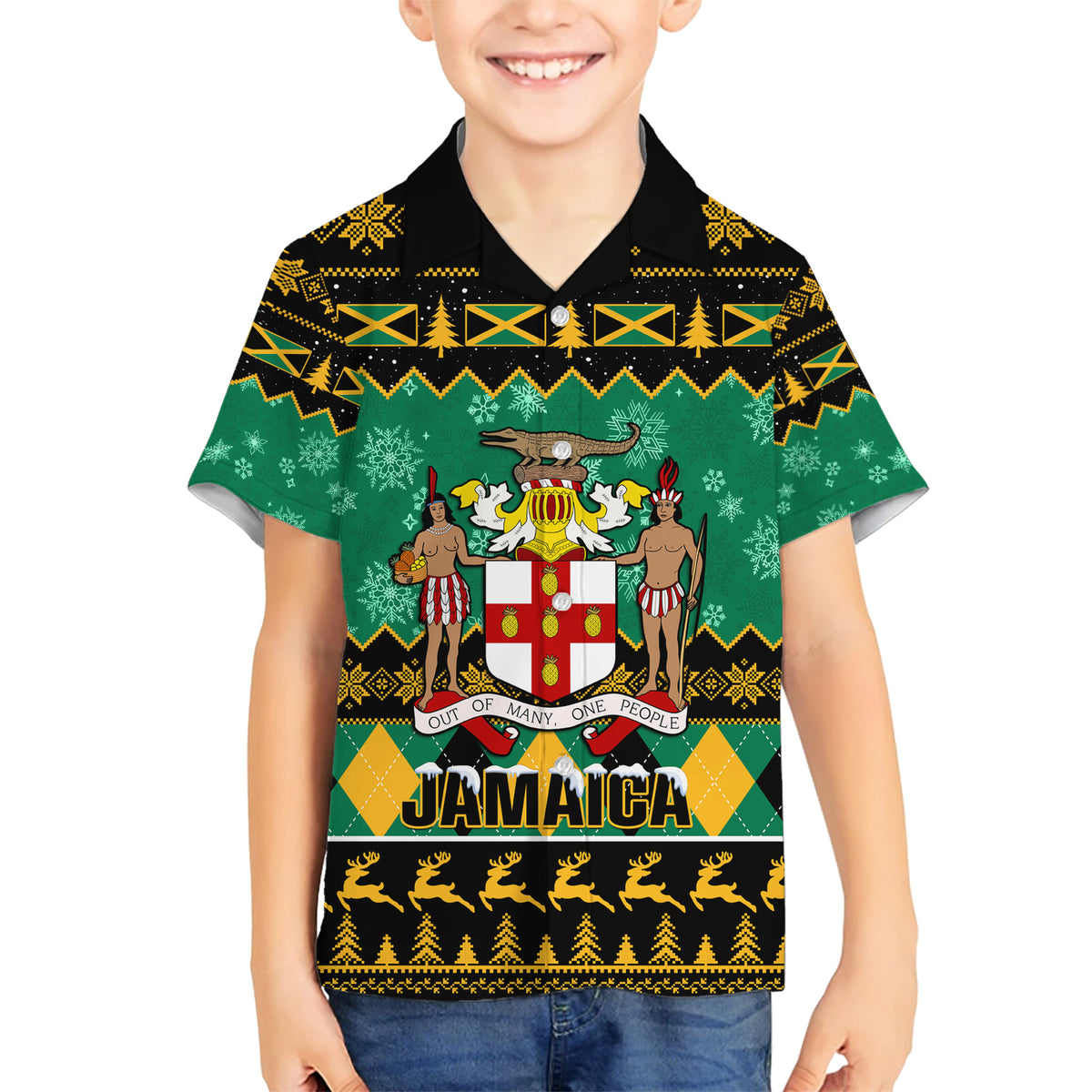 Personalised Jamaica Christmas Family Matching Short Sleeve Bodycon Dress and Hawaiian Shirt Jamaican Coat Of Arms Xmas Vibes - Wonder Print Shop