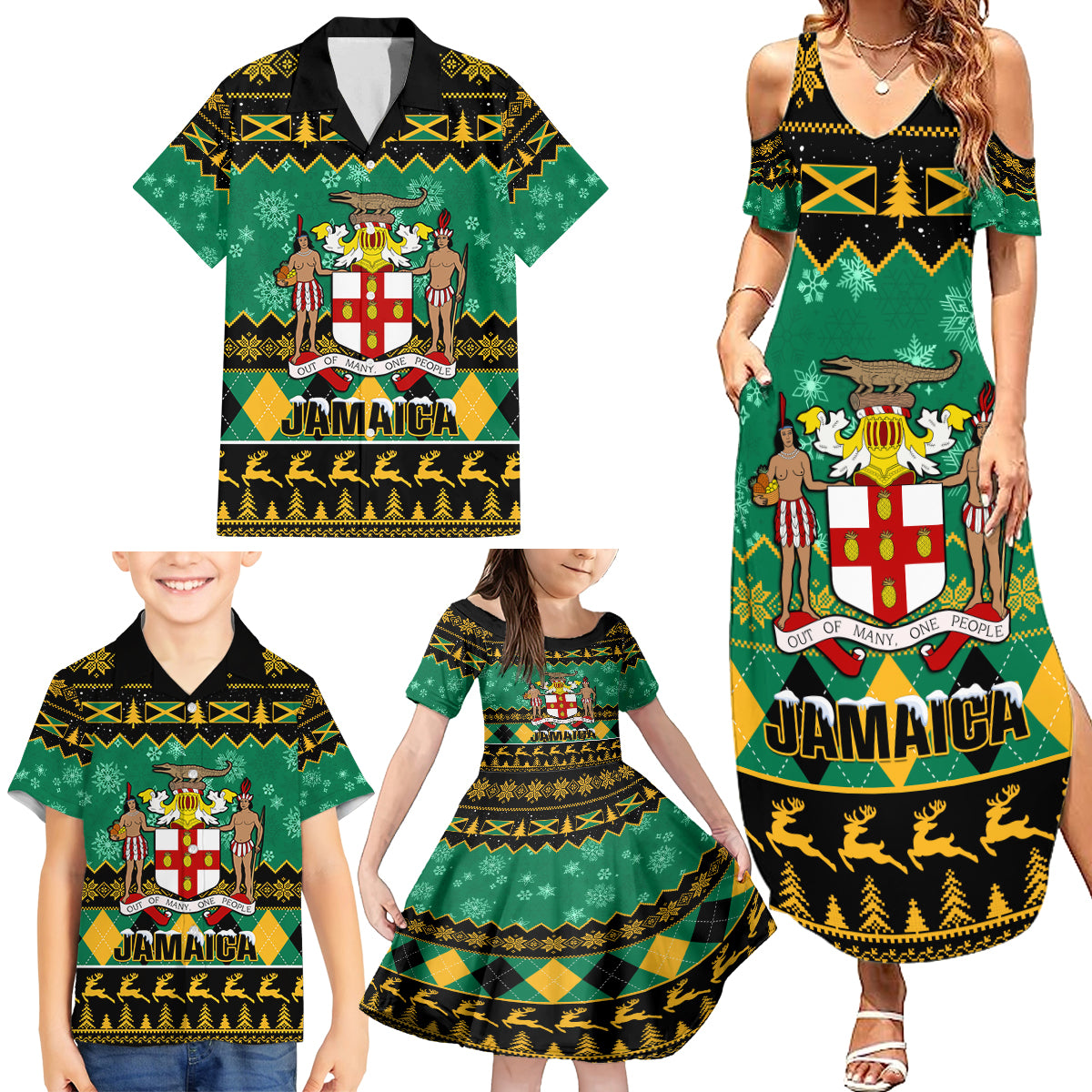 Personalised Jamaica Christmas Family Matching Summer Maxi Dress and Hawaiian Shirt Jamaican Coat Of Arms Xmas Vibes - Wonder Print Shop