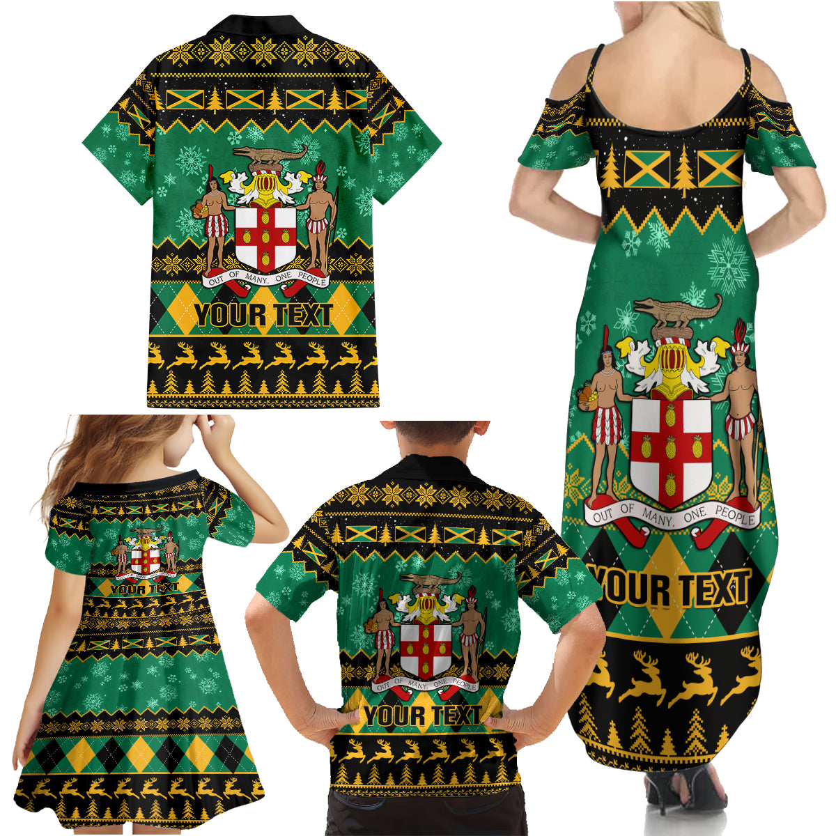 Personalised Jamaica Christmas Family Matching Summer Maxi Dress and Hawaiian Shirt Jamaican Coat Of Arms Xmas Vibes - Wonder Print Shop