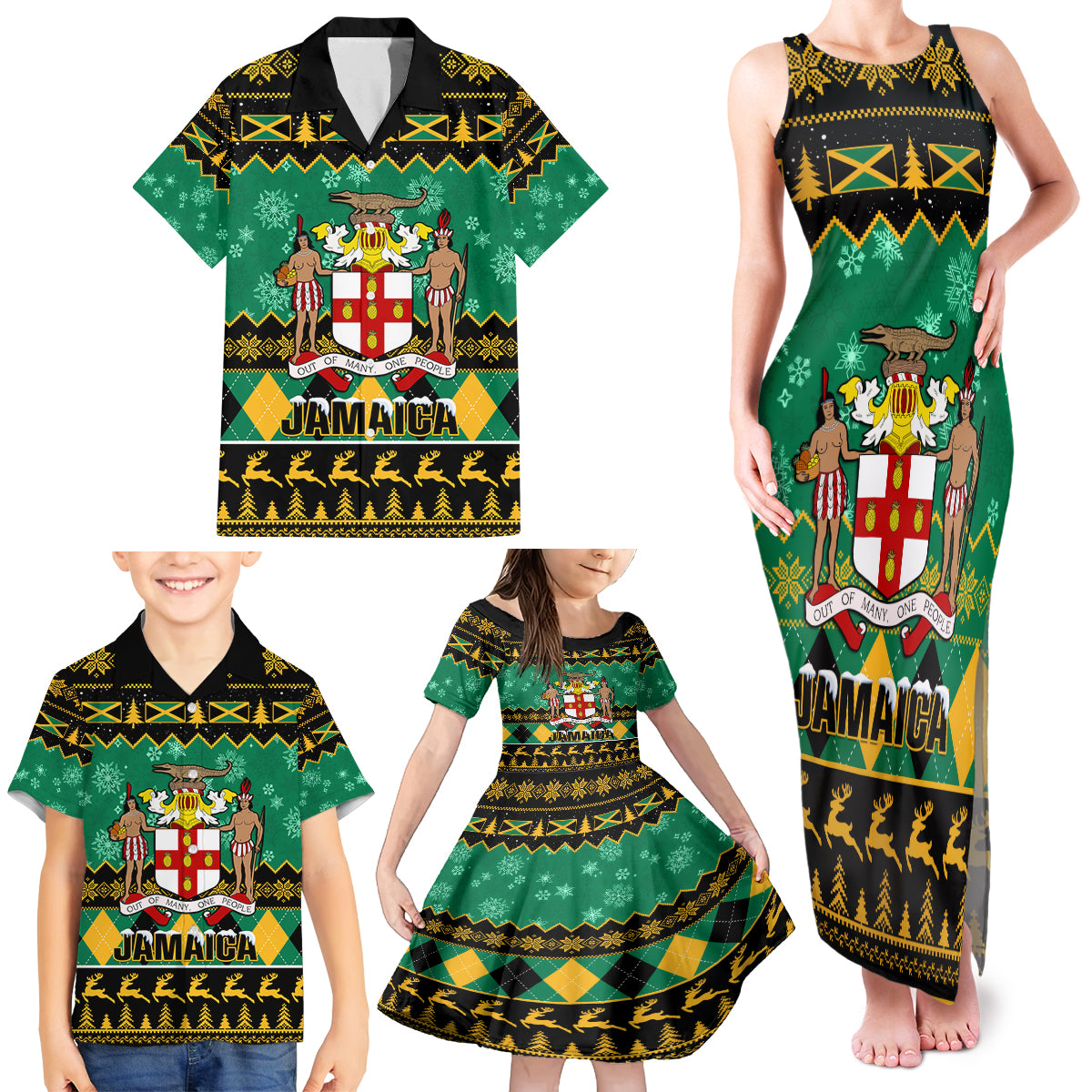 Personalised Jamaica Christmas Family Matching Tank Maxi Dress and Hawaiian Shirt Jamaican Coat Of Arms Xmas Vibes - Wonder Print Shop
