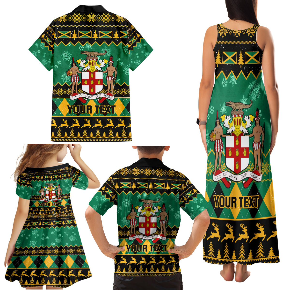 Personalised Jamaica Christmas Family Matching Tank Maxi Dress and Hawaiian Shirt Jamaican Coat Of Arms Xmas Vibes - Wonder Print Shop