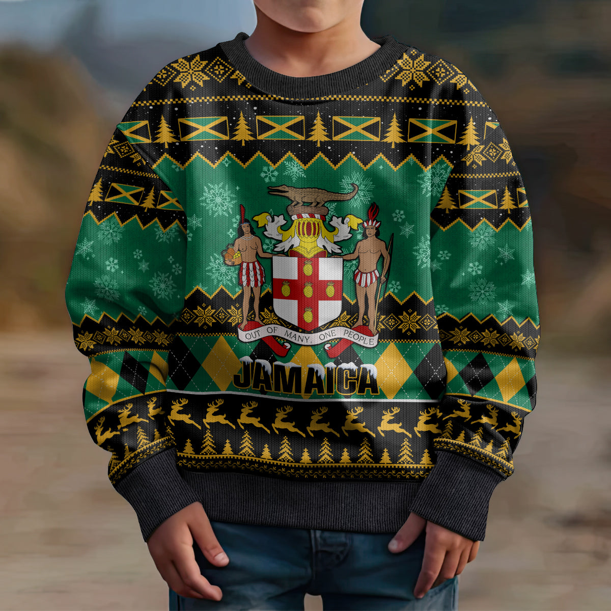 Personalised Jamaica Christmas Kid Ugly Christmas Sweater Jamaican Coat Of Arms Xmas Vibes - Wonder Print Shop