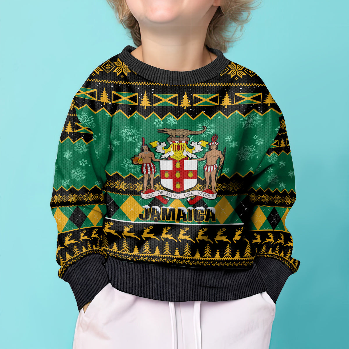 Personalised Jamaica Christmas Kid Ugly Christmas Sweater Jamaican Coat Of Arms Xmas Vibes - Wonder Print Shop