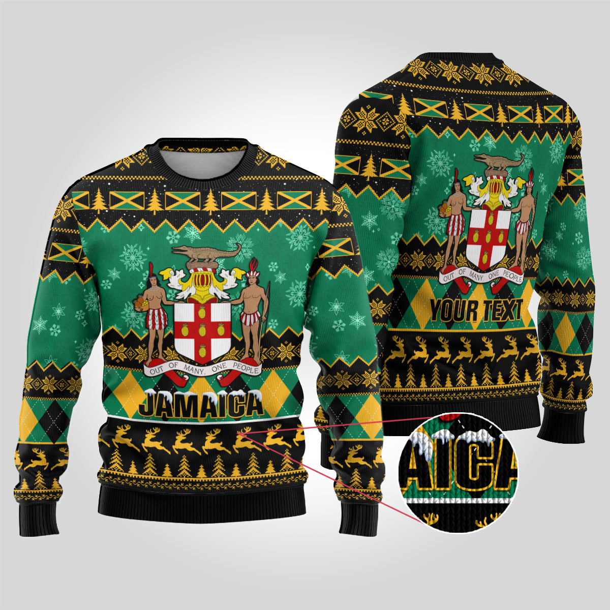 Personalised Jamaica Christmas Ugly Christmas Sweater Jamaican Coat Of Arms Xmas Vibes - Wonder Print Shop
