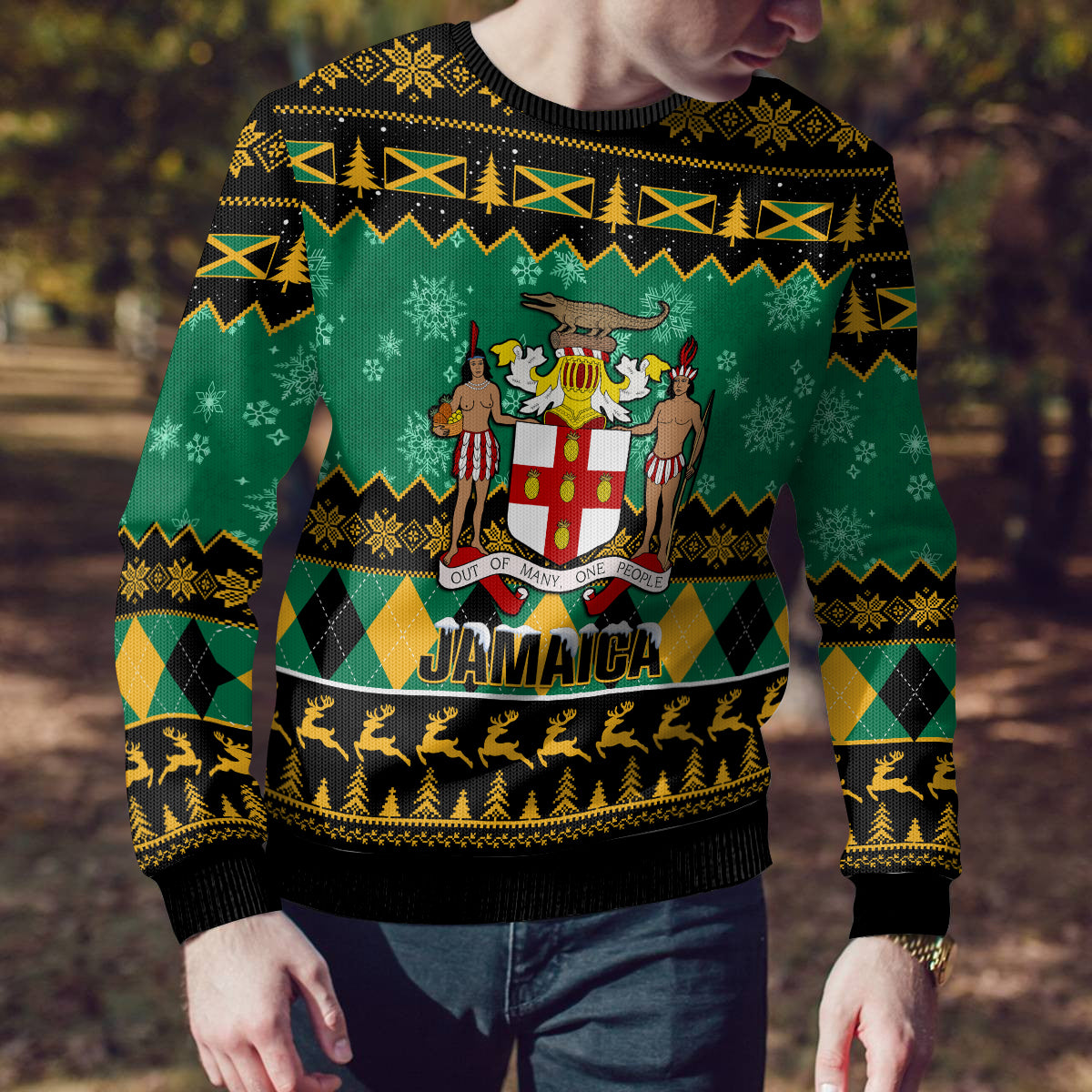 Personalised Jamaica Christmas Ugly Christmas Sweater Jamaican Coat Of Arms Xmas Vibes - Wonder Print Shop