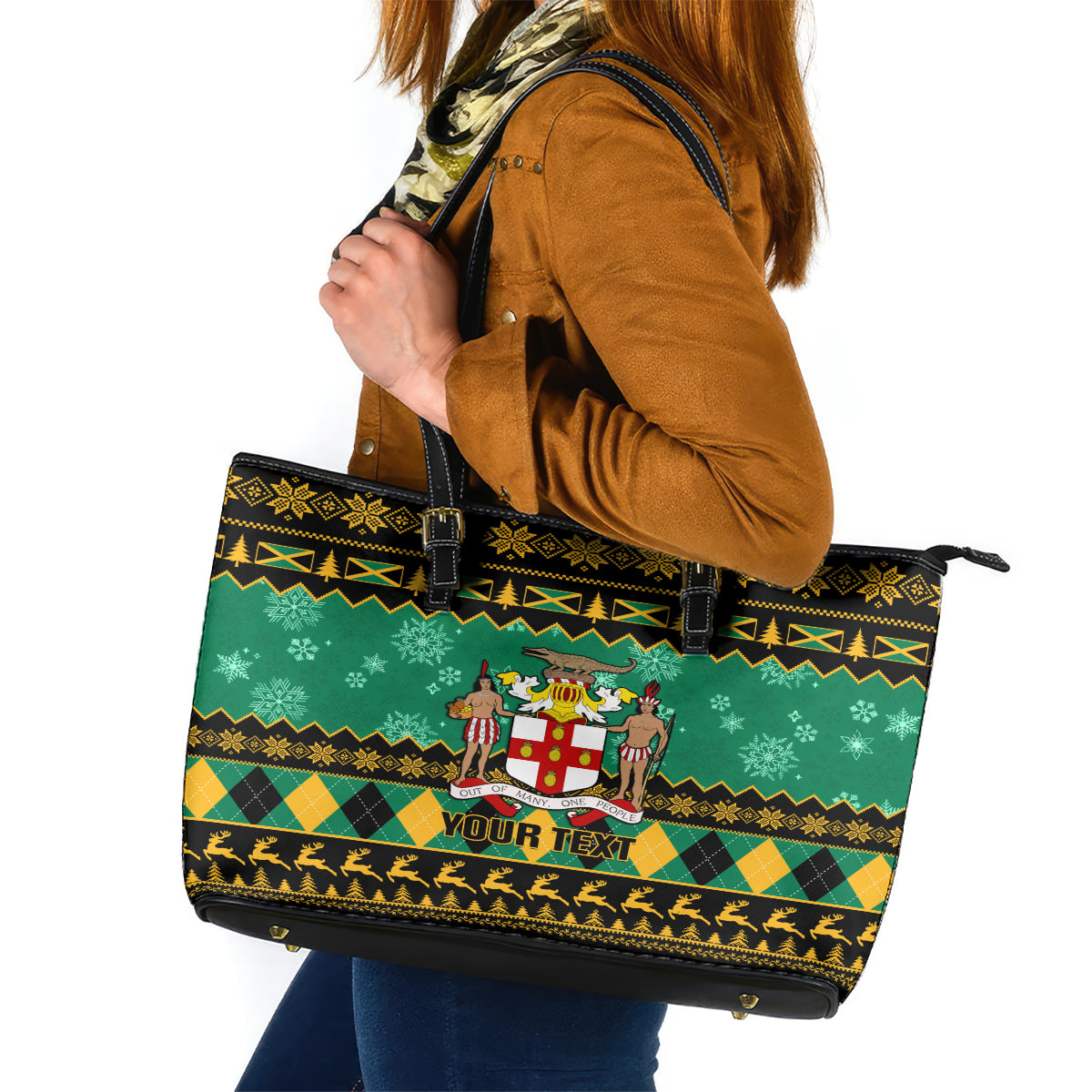Personalised Jamaica Christmas Leather Tote Bag Jamaican Coat Of Arms Xmas Vibes - Wonder Print Shop