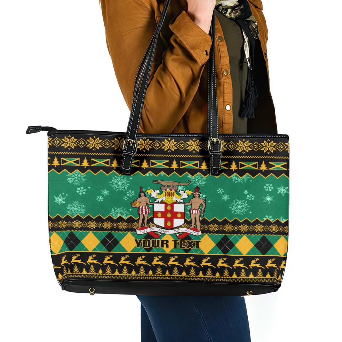 Personalised Jamaica Christmas Leather Tote Bag Jamaican Coat Of Arms Xmas Vibes - Wonder Print Shop