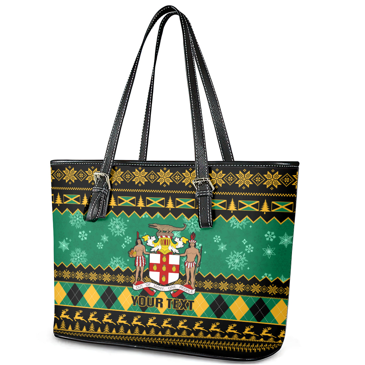Personalised Jamaica Christmas Leather Tote Bag Jamaican Coat Of Arms Xmas Vibes - Wonder Print Shop