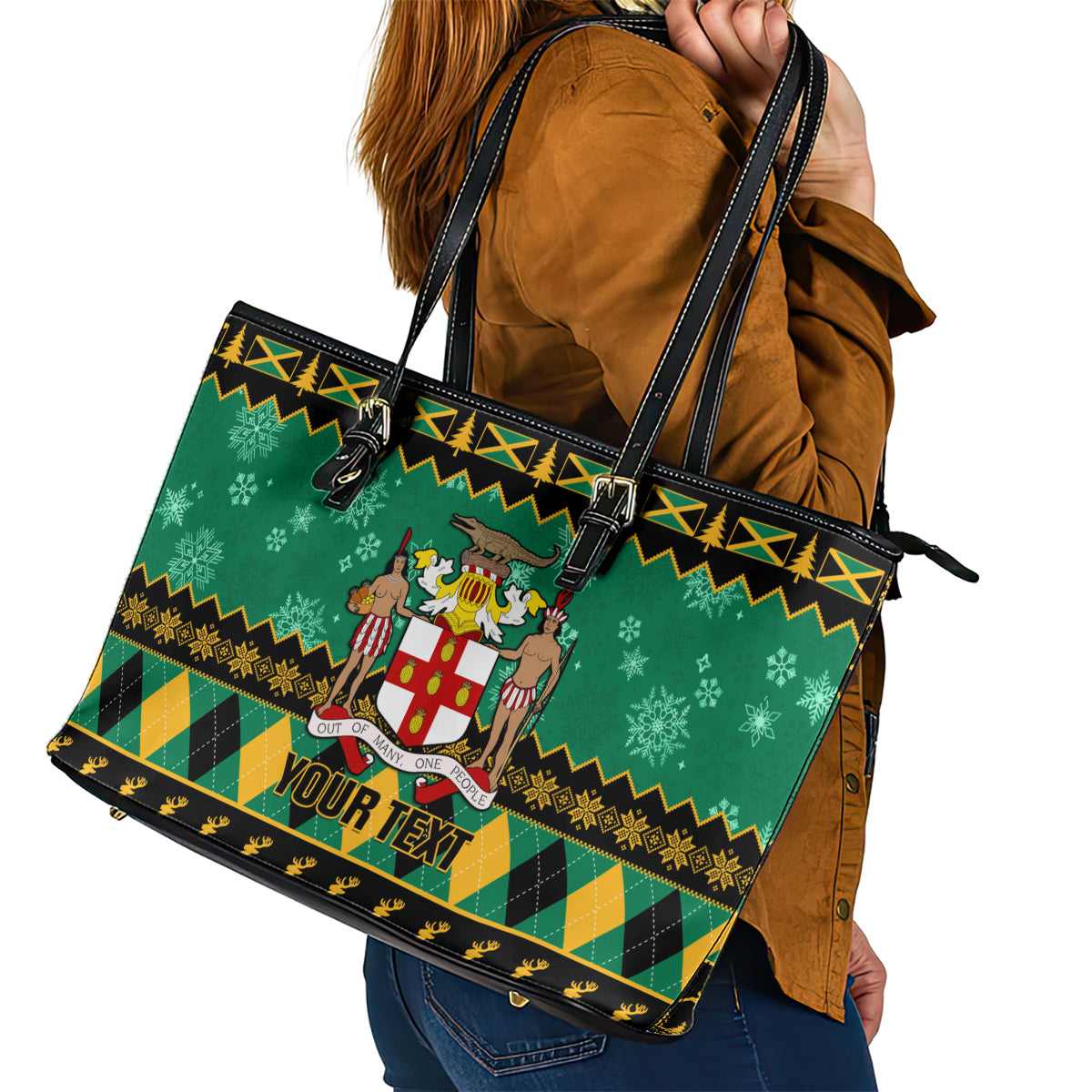 Personalised Jamaica Christmas Leather Tote Bag Jamaican Coat Of Arms Xmas Vibes - Wonder Print Shop