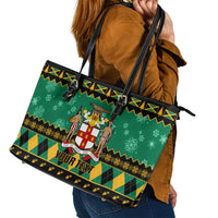 Personalised Jamaica Christmas Leather Tote Bag Jamaican Coat Of Arms Xmas Vibes - Wonder Print Shop