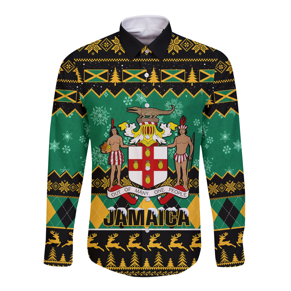 Personalised Jamaica Christmas Long Sleeve Button Shirt Jamaican Coat Of Arms Xmas Vibes - Wonder Print Shop
