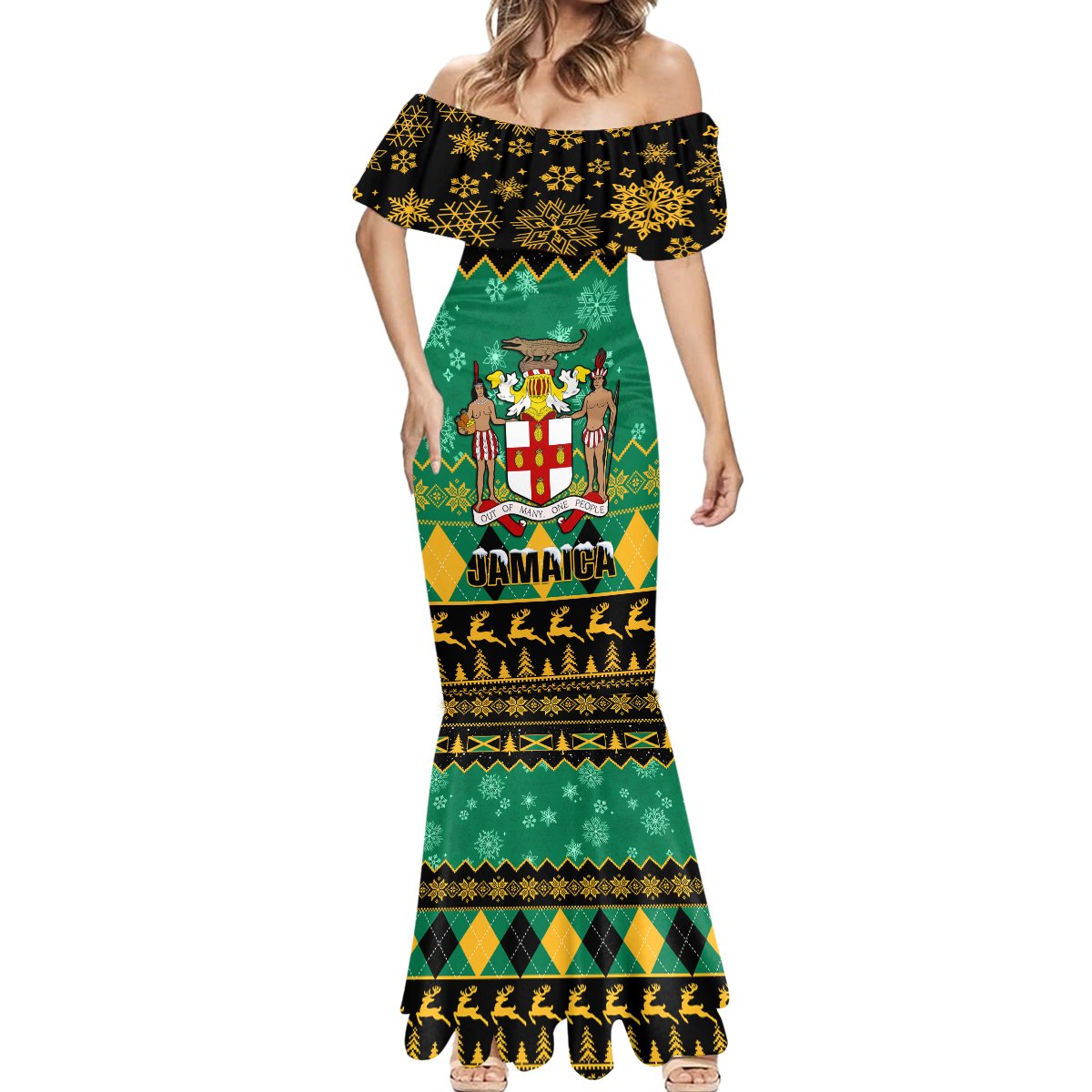 Personalised Jamaica Christmas Mermaid Dress Jamaican Coat Of Arms Xmas Vibes Personalised Jamaica Christmas Mermaid Dress Jamaican Coat Of Arms Xmas Vibes