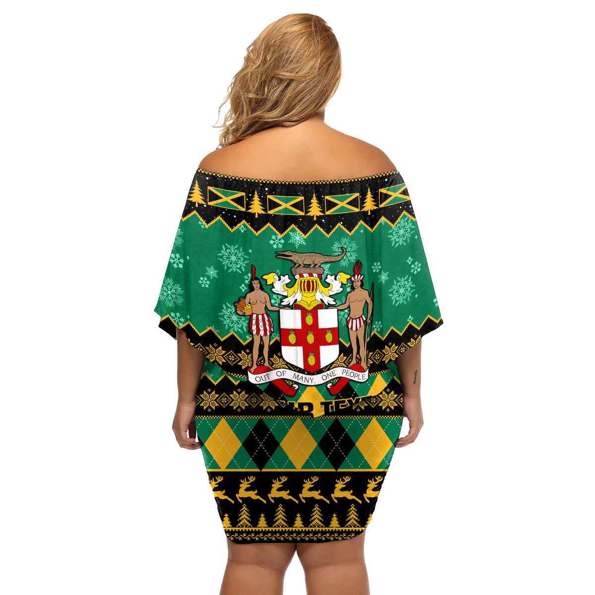 Personalised Jamaica Christmas Off Shoulder Short Dress Jamaican Coat Of Arms Xmas Vibes - Wonder Print Shop