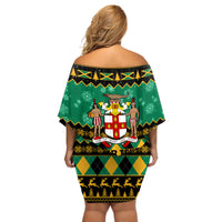 Personalised Jamaica Christmas Off Shoulder Short Dress Jamaican Coat Of Arms Xmas Vibes - Wonder Print Shop