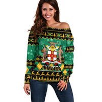 Personalised Jamaica Christmas Off Shoulder Sweater Jamaican Coat Of Arms Xmas Vibes - Wonder Print Shop