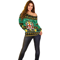Personalised Jamaica Christmas Off Shoulder Sweater Jamaican Coat Of Arms Xmas Vibes - Wonder Print Shop
